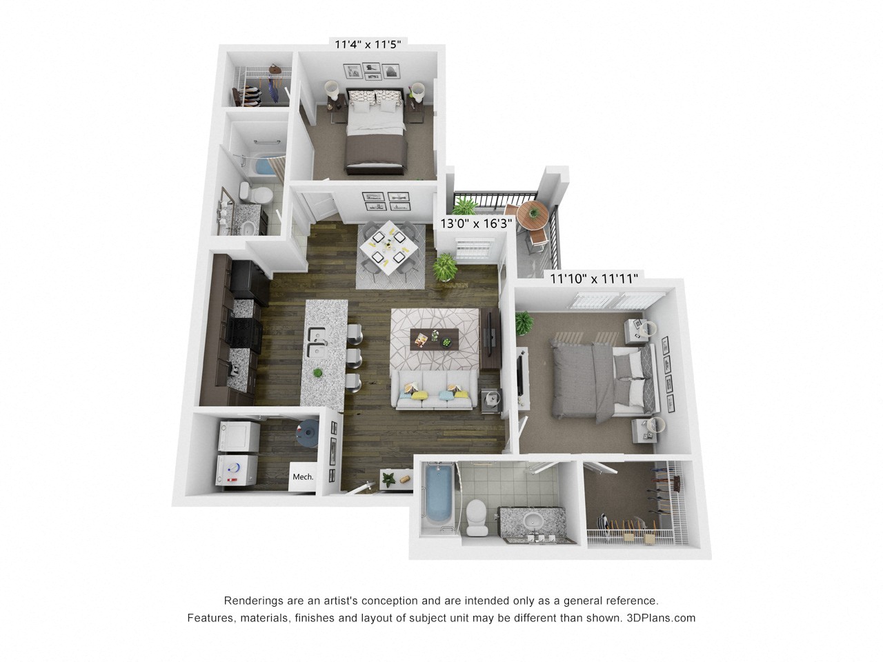 Floor plan for 2 beds, 2 baths, 1052 sqft